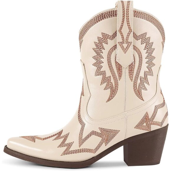 Women's Metallic Embroidered Pointed Toe Cowgirl Boots Chunky Heel Pull-On Khaki - Picture 2 of 6